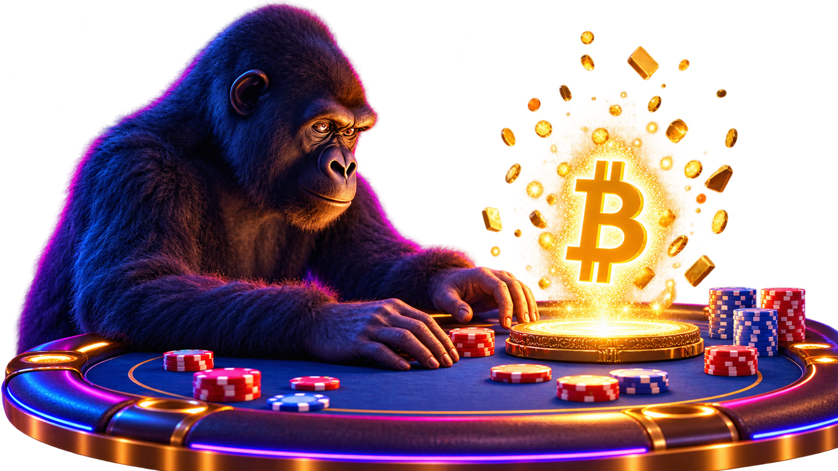 3UP Gaming mascot at a poker table with a glowing Bitcoin symbol, representing crypto poker