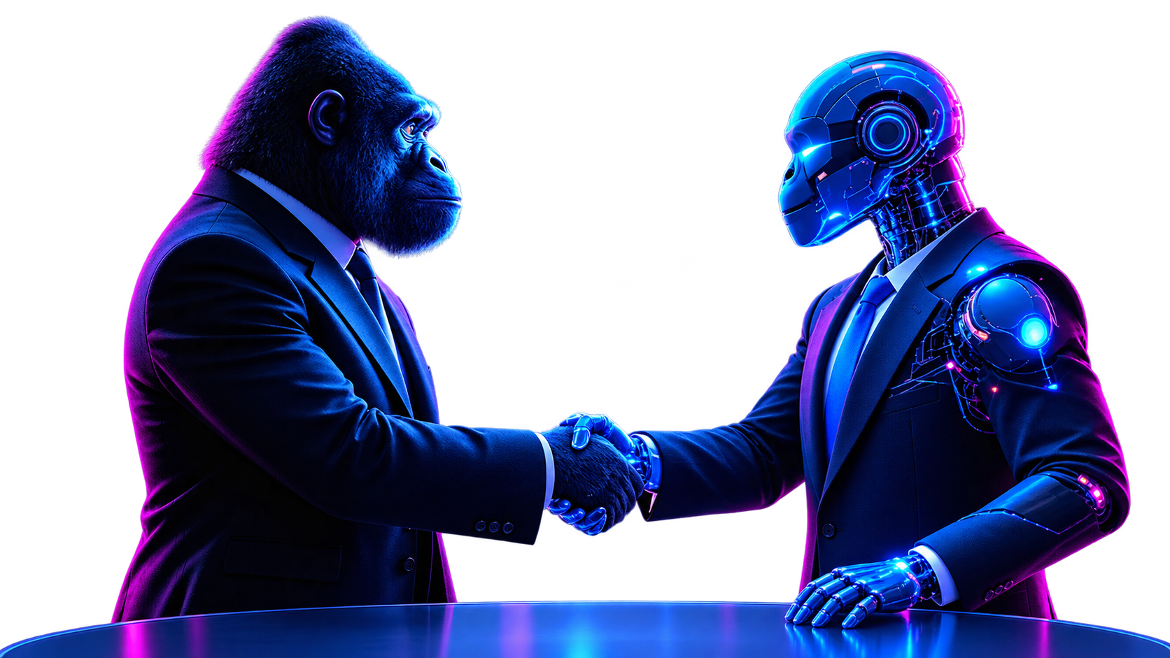 3UP Gaming mascot shaking hands with a robot, representing partnerships with operators and developer teams