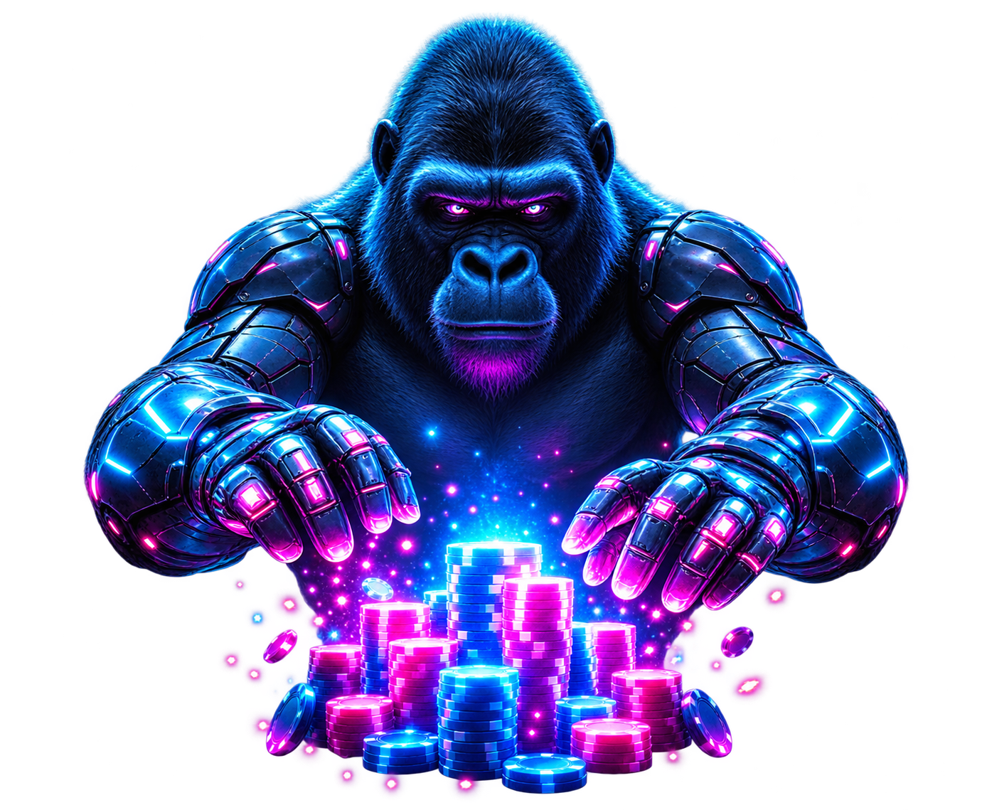 3UP Gaming armored mascot gathering glowing poker chips, representing full platform independence