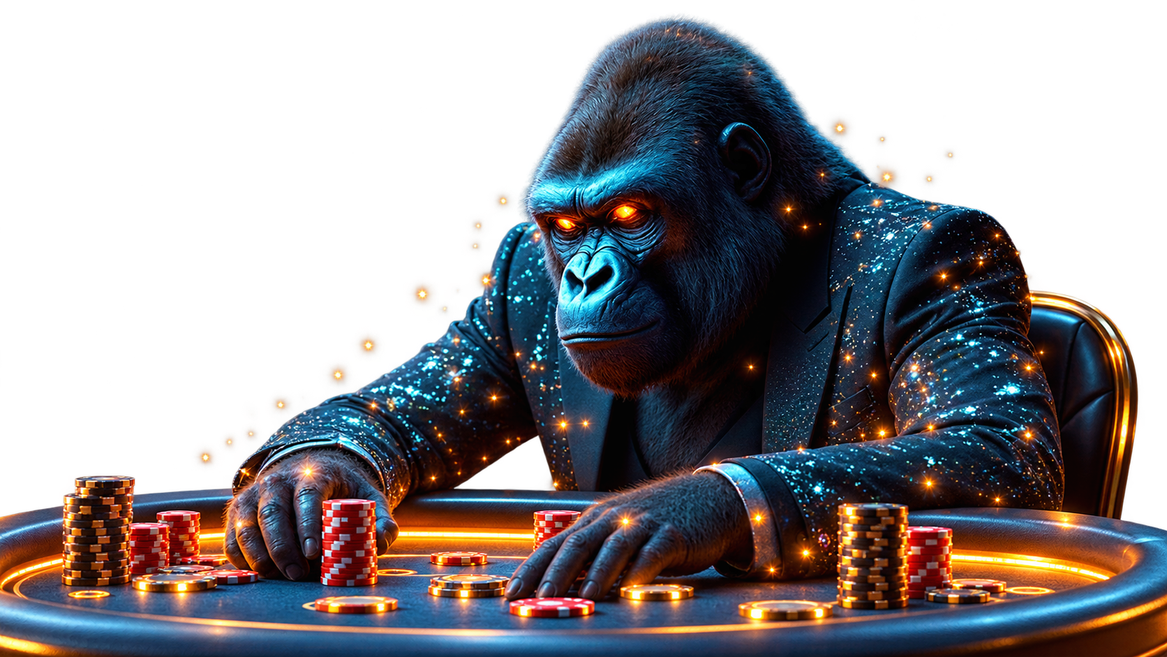 3UP Gaming mascot in a distinctive glowing suit at the poker table, representing a custom-branded poker skin