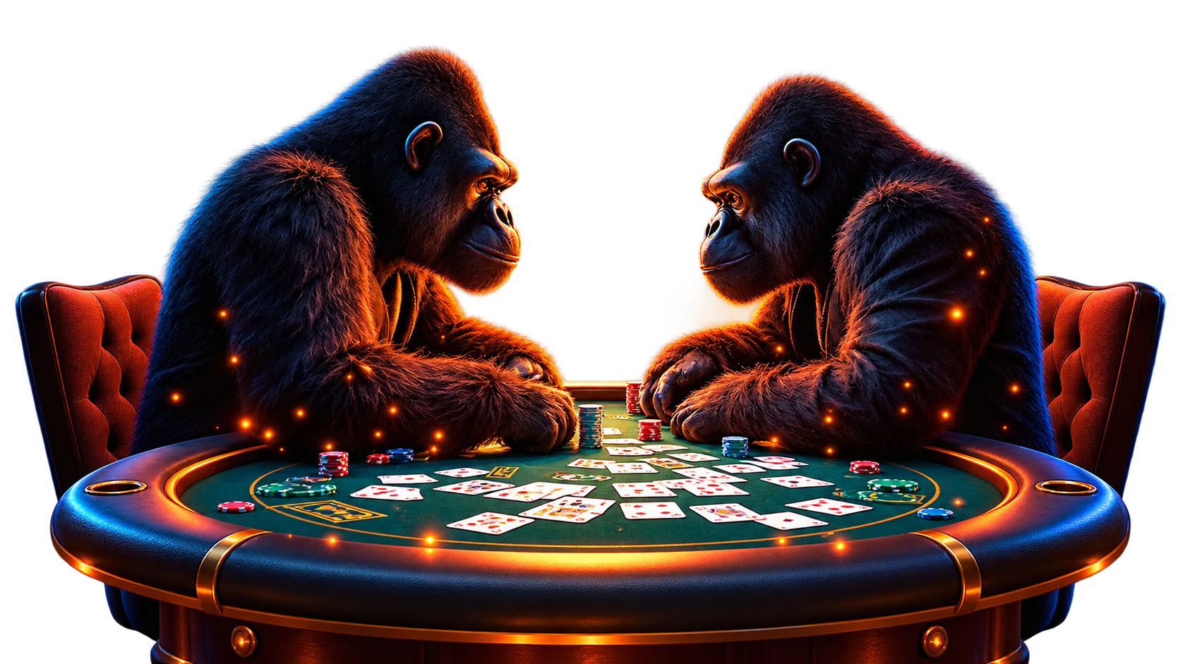Two 3UP Gaming mascots facing off at a shared poker table, representing a connected poker network
